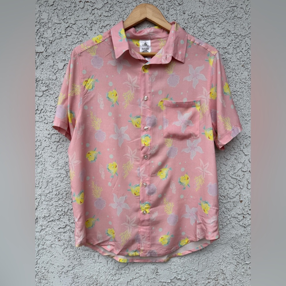 Disney The Little Mermaid Flounder Pink Button Down Short Sleeve. Size S